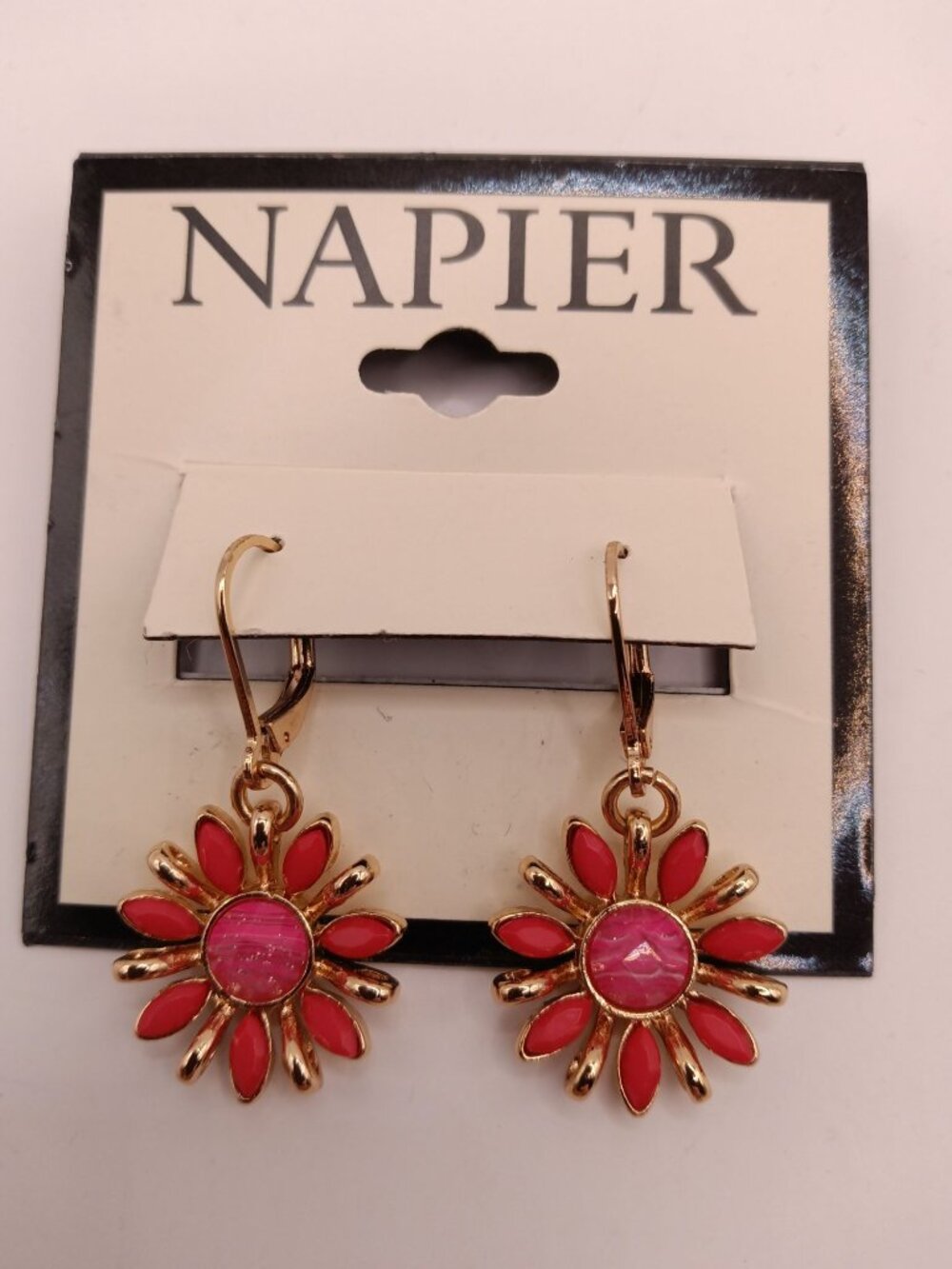Napier Gold-Tone Pink & Red Flower Drop Earrings Leverback Closure New On Card